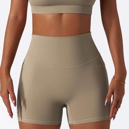 Summer ice silk nude sports shorts quick-drying tight yoga pants pocket breathable cycling running fitness shorts